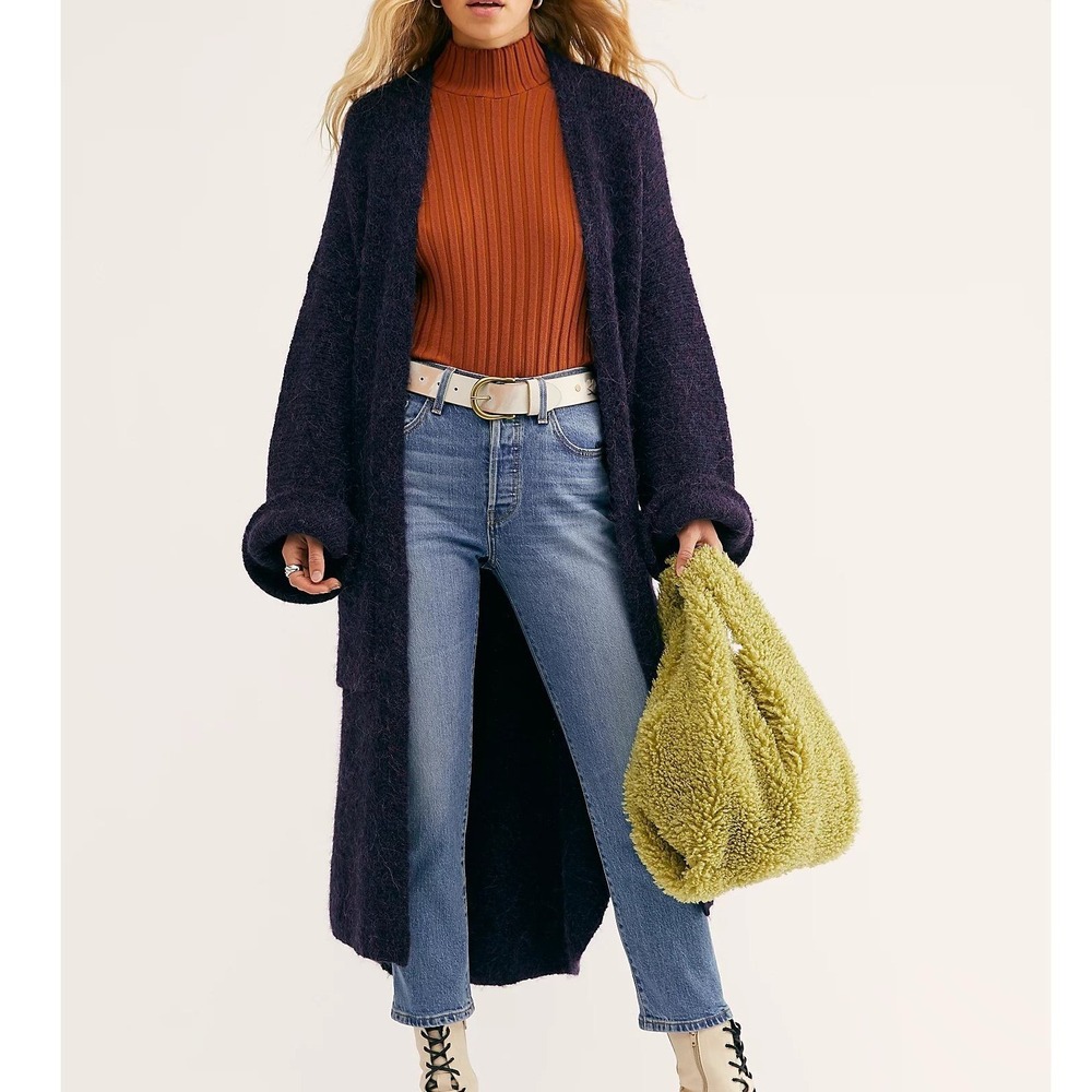 Free People Purple Alpaca Wool Blend Longline Open Front Cardigan XS